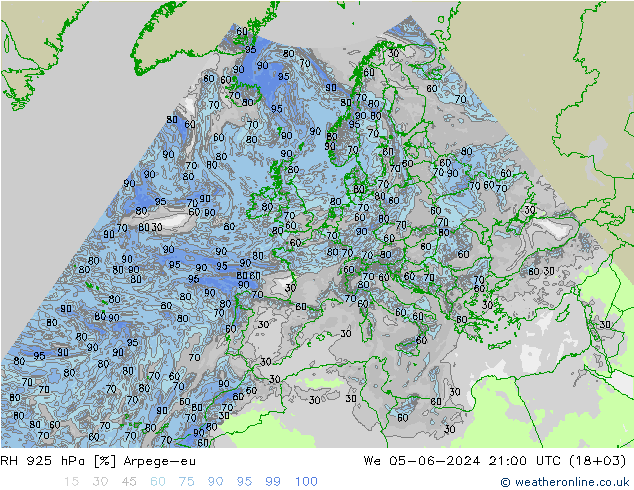 Humedad rel. 925hPa Arpege-eu mié 05.06.2024 21 UTC