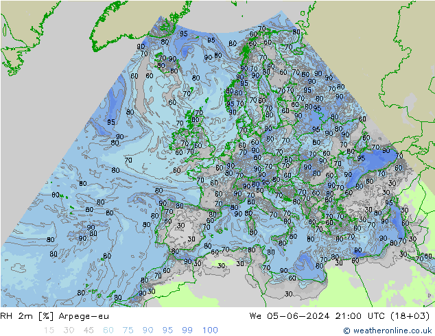 RH 2m Arpege-eu 星期三 05.06.2024 21 UTC