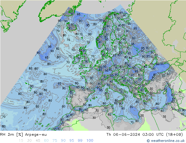 RH 2m Arpege-eu Čt 06.06.2024 03 UTC