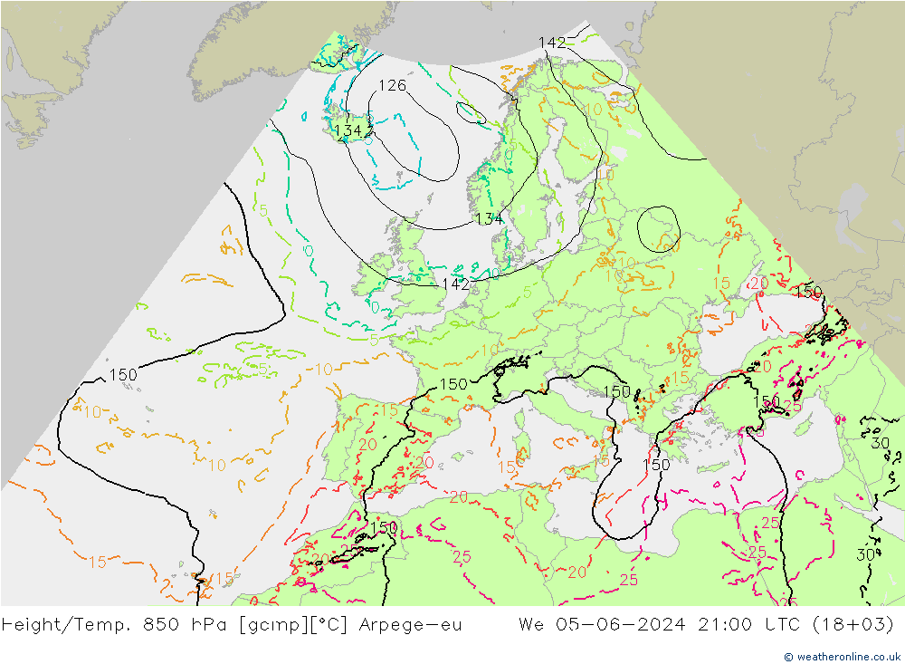 Height/Temp. 850 hPa Arpege-eu Qua 05.06.2024 21 UTC