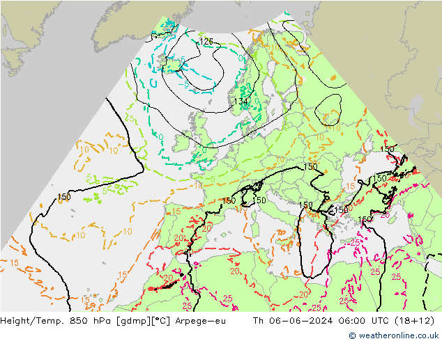 Hoogte/Temp. 850 hPa Arpege-eu do 06.06.2024 06 UTC