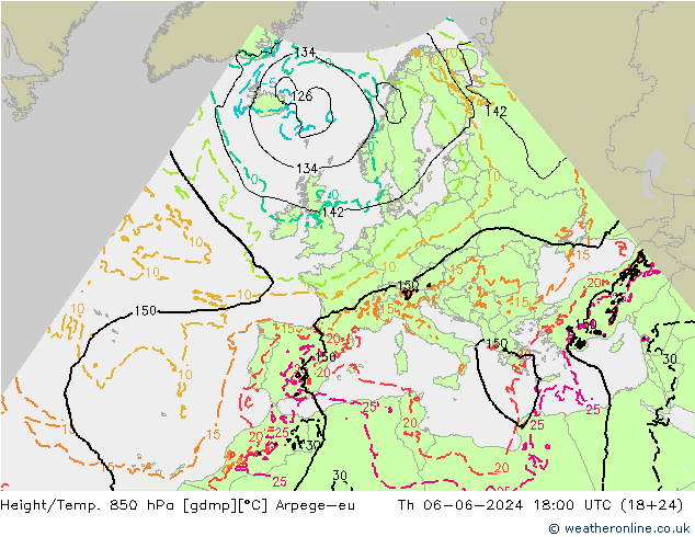 Height/Temp. 850 гПа Arpege-eu чт 06.06.2024 18 UTC