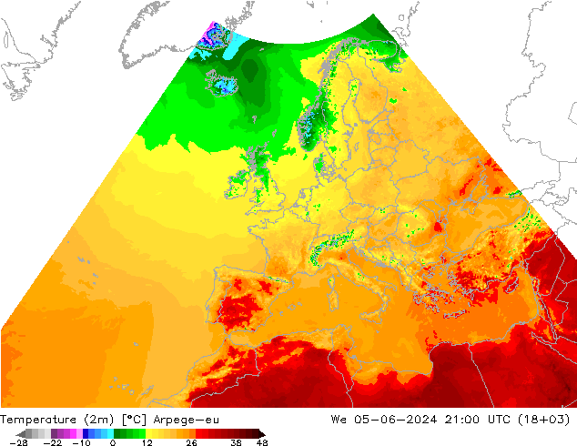 Temperature (2m) Arpege-eu We 05.06.2024 21 UTC