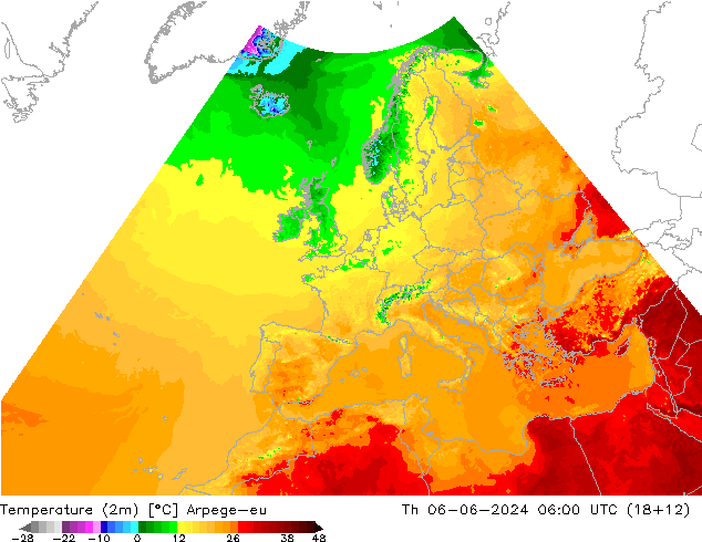 Temperature (2m) Arpege-eu Čt 06.06.2024 06 UTC