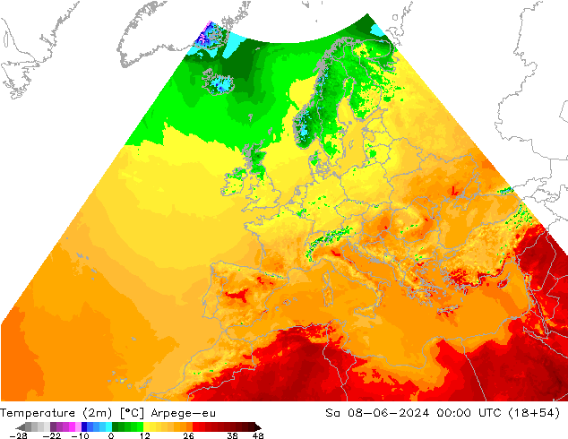 Temperaturkarte (2m) Arpege-eu Sa 08.06.2024 00 UTC