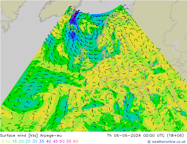 Surface wind Arpege-eu Th 06.06.2024 00 UTC