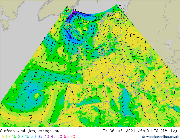 Vento 10 m Arpege-eu gio 06.06.2024 06 UTC