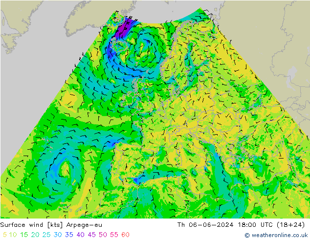 Vent 10 m Arpege-eu jeu 06.06.2024 18 UTC