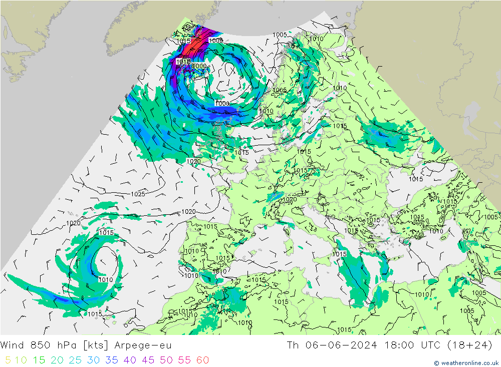 Wind 850 hPa Arpege-eu Th 06.06.2024 18 UTC