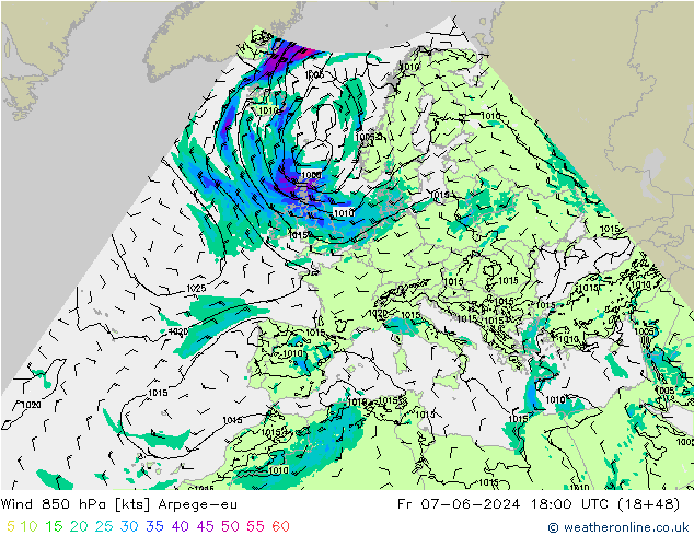 Wind 850 hPa Arpege-eu Fr 07.06.2024 18 UTC