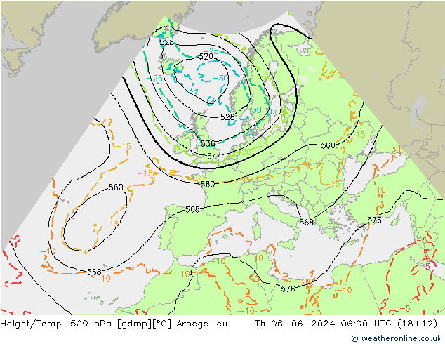 Height/Temp. 500 hPa Arpege-eu 星期四 06.06.2024 06 UTC