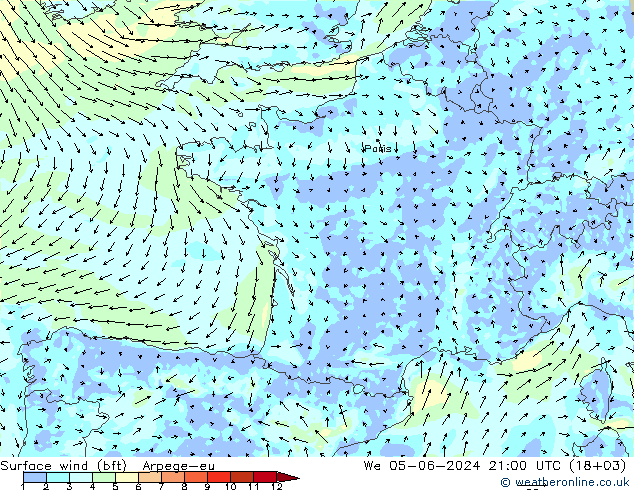 Wind 10 m (bft) Arpege-eu wo 05.06.2024 21 UTC