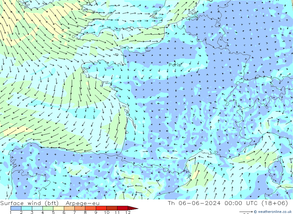 Surface wind (bft) Arpege-eu Th 06.06.2024 00 UTC