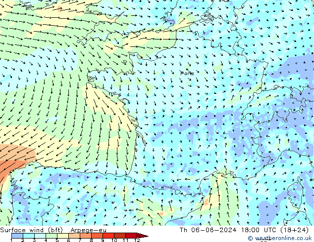 Surface wind (bft) Arpege-eu Čt 06.06.2024 18 UTC