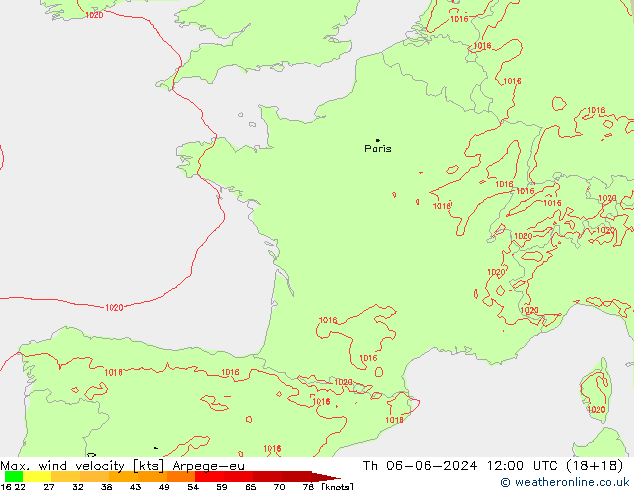 Max. wind velocity Arpege-eu Th 06.06.2024 12 UTC