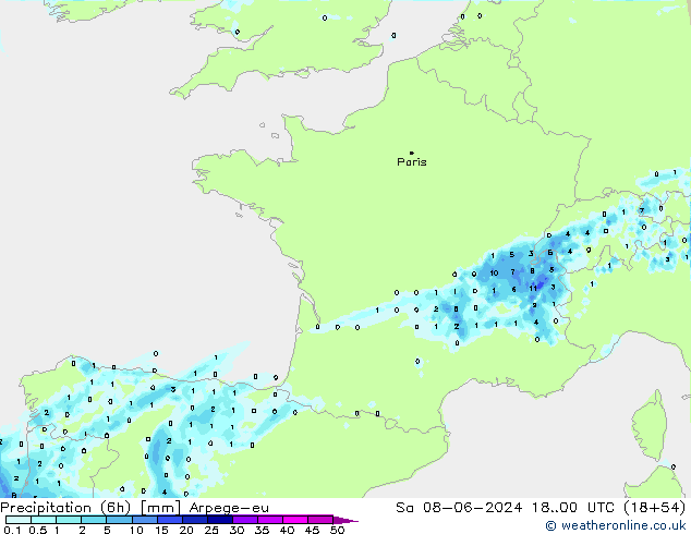 осадки (6h) Arpege-eu сб 08.06.2024 00 UTC