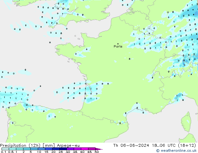 Precipitazione (12h) Arpege-eu gio 06.06.2024 06 UTC