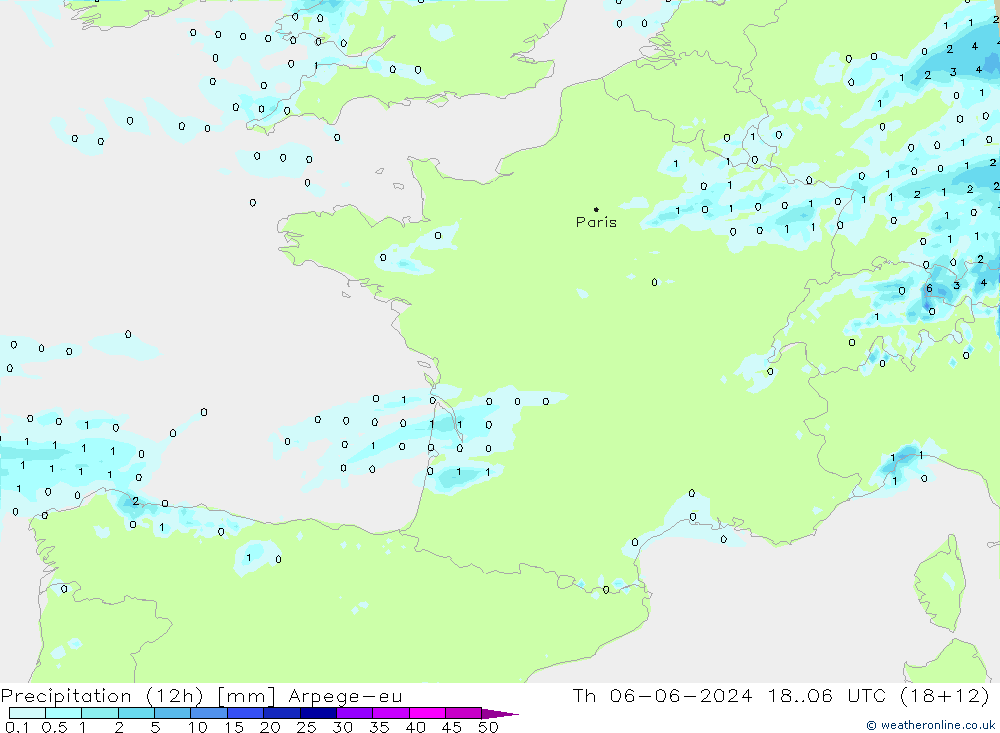 Precipitation (12h) Arpege-eu Th 06.06.2024 06 UTC