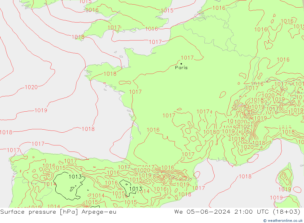 Bodendruck Arpege-eu Mi 05.06.2024 21 UTC