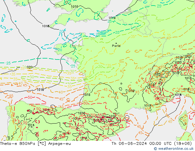 Theta-e 850hPa Arpege-eu do 06.06.2024 00 UTC