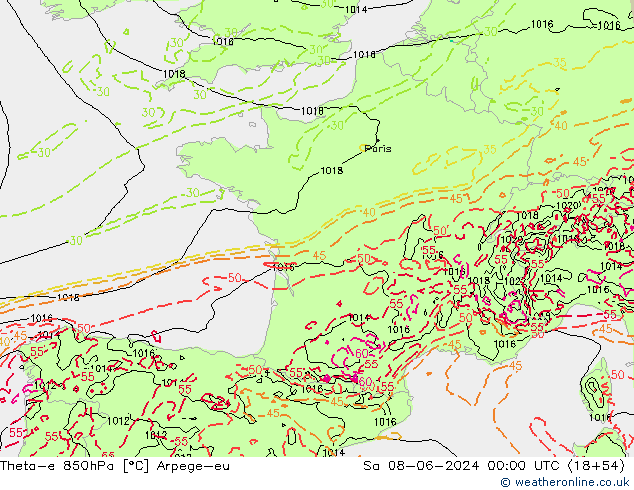 Theta-e 850hPa Arpege-eu Sáb 08.06.2024 00 UTC