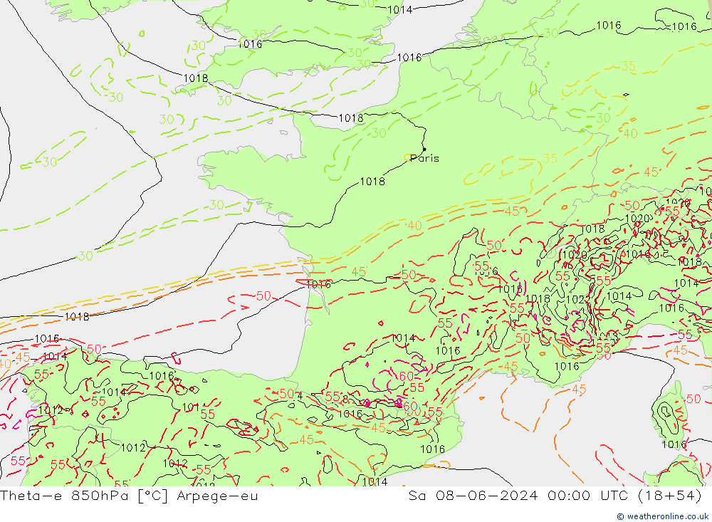 Theta-e 850hPa Arpege-eu Sáb 08.06.2024 00 UTC