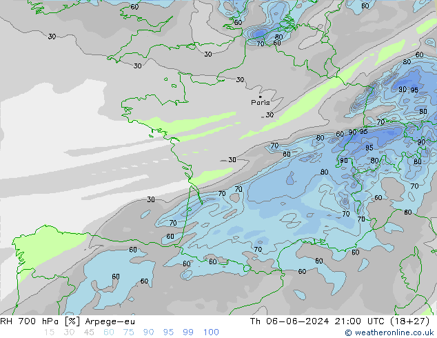 Humidité rel. 700 hPa Arpege-eu jeu 06.06.2024 21 UTC