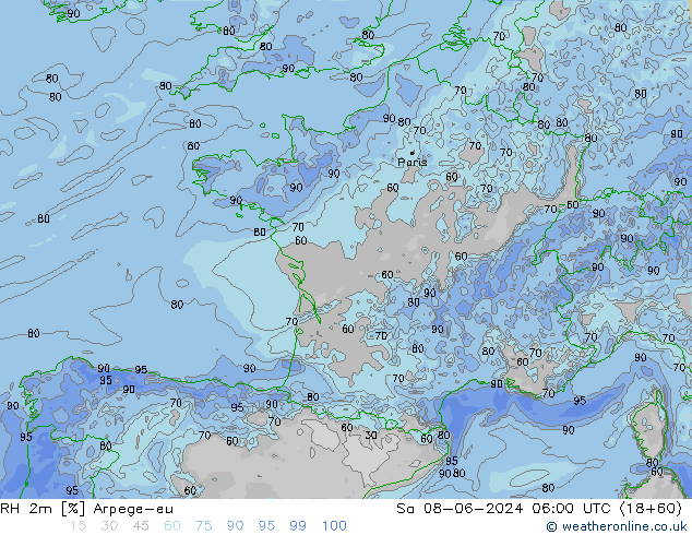 RH 2m Arpege-eu Sa 08.06.2024 06 UTC