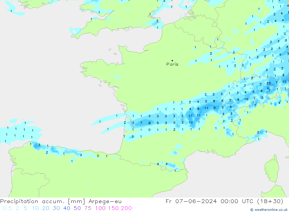 Precipitation accum. Arpege-eu Fr 07.06.2024 00 UTC