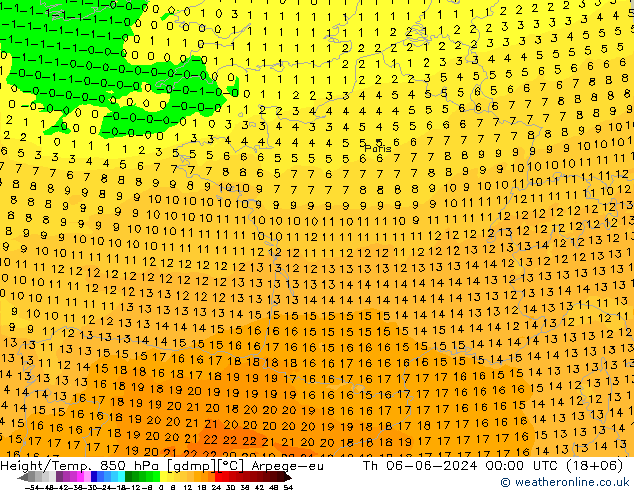 Geop./Temp. 850 hPa Arpege-eu jue 06.06.2024 00 UTC