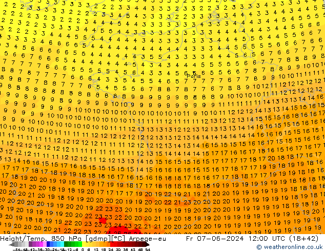 Height/Temp. 850 hPa Arpege-eu Fr 07.06.2024 12 UTC