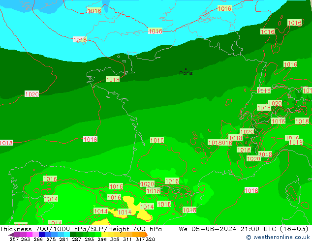 Espesor 700-1000 hPa Arpege-eu mié 05.06.2024 21 UTC