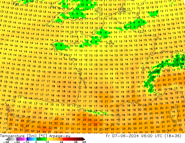 température (2m) Arpege-eu ven 07.06.2024 06 UTC