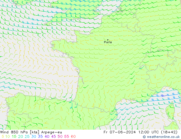 ветер 850 гПа Arpege-eu пт 07.06.2024 12 UTC