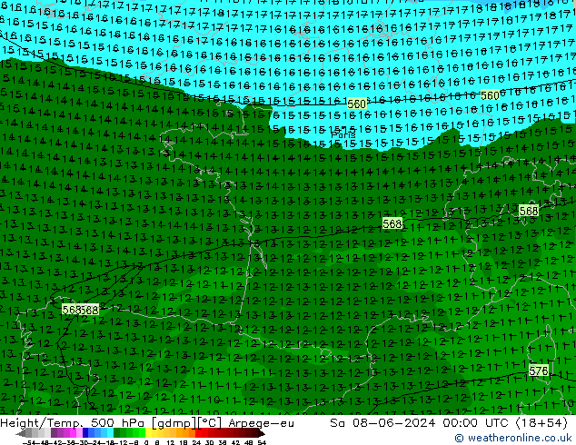 Height/Temp. 500 hPa Arpege-eu Sáb 08.06.2024 00 UTC