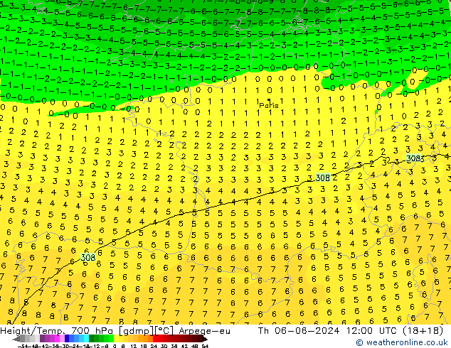 Height/Temp. 700 hPa Arpege-eu Th 06.06.2024 12 UTC