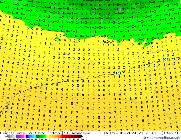 Height/Temp. 700 hPa Arpege-eu Th 06.06.2024 21 UTC