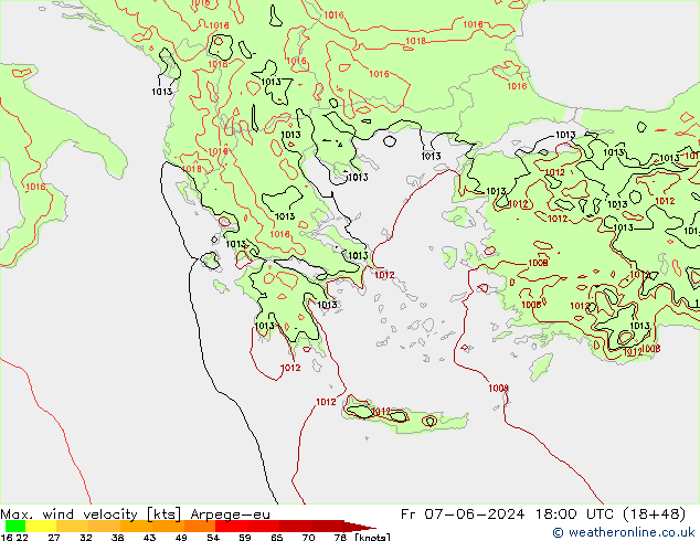 Max. wind velocity Arpege-eu Sex 07.06.2024 18 UTC