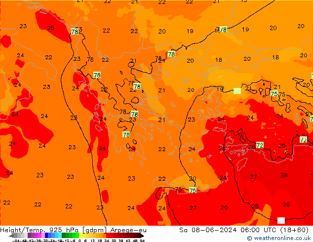 Height/Temp. 925 hPa Arpege-eu so. 08.06.2024 06 UTC