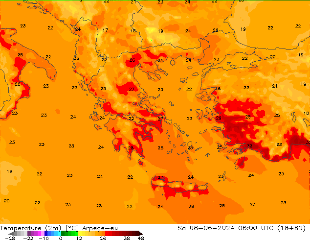 Temperatura (2m) Arpege-eu sab 08.06.2024 06 UTC