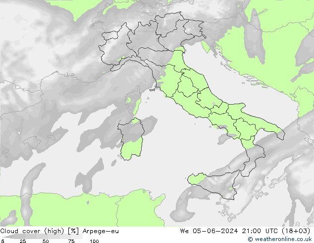 Cloud cover (high) Arpege-eu We 05.06.2024 21 UTC