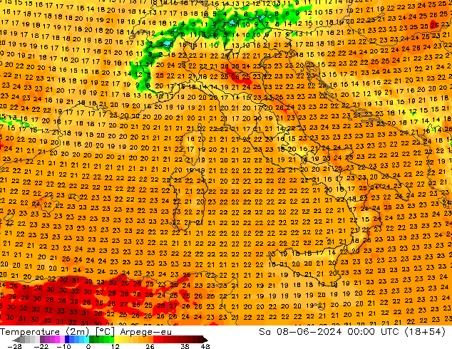 Temperatura (2m) Arpege-eu sab 08.06.2024 00 UTC