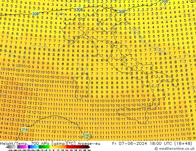 Height/Temp. 700 hPa Arpege-eu Fr 07.06.2024 18 UTC