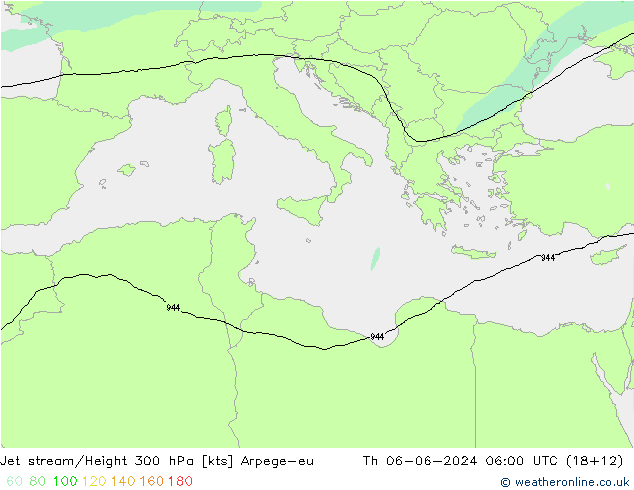 Jet stream/Height 300 hPa Arpege-eu Th 06.06.2024 06 UTC