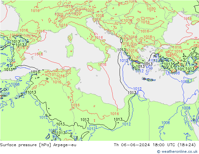 Surface pressure Arpege-eu Th 06.06.2024 18 UTC