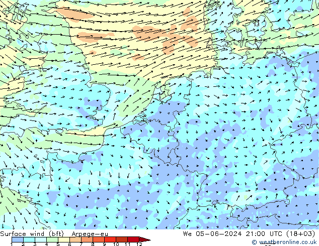 Wind 10 m (bft) Arpege-eu wo 05.06.2024 21 UTC