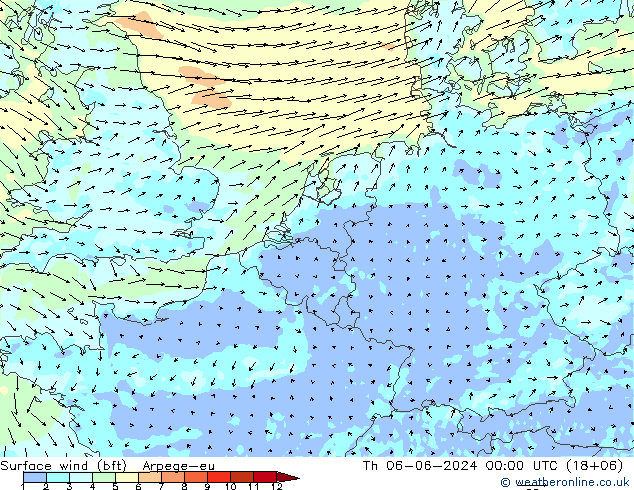 �N 10 米 (bft) Arpege-eu 星期四 06.06.2024 00 UTC