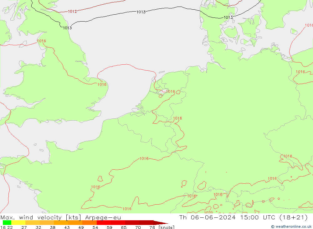 Max. wind velocity Arpege-eu Čt 06.06.2024 15 UTC