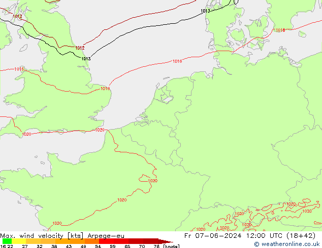 Max. wind snelheid Arpege-eu vr 07.06.2024 12 UTC