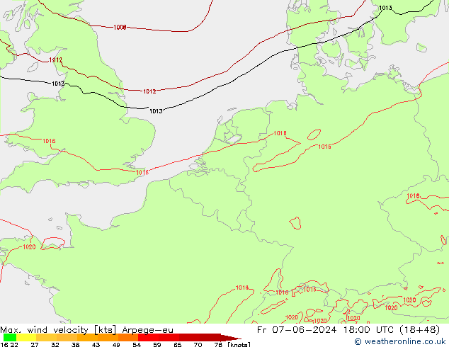 Max. wind velocity Arpege-eu ven 07.06.2024 18 UTC